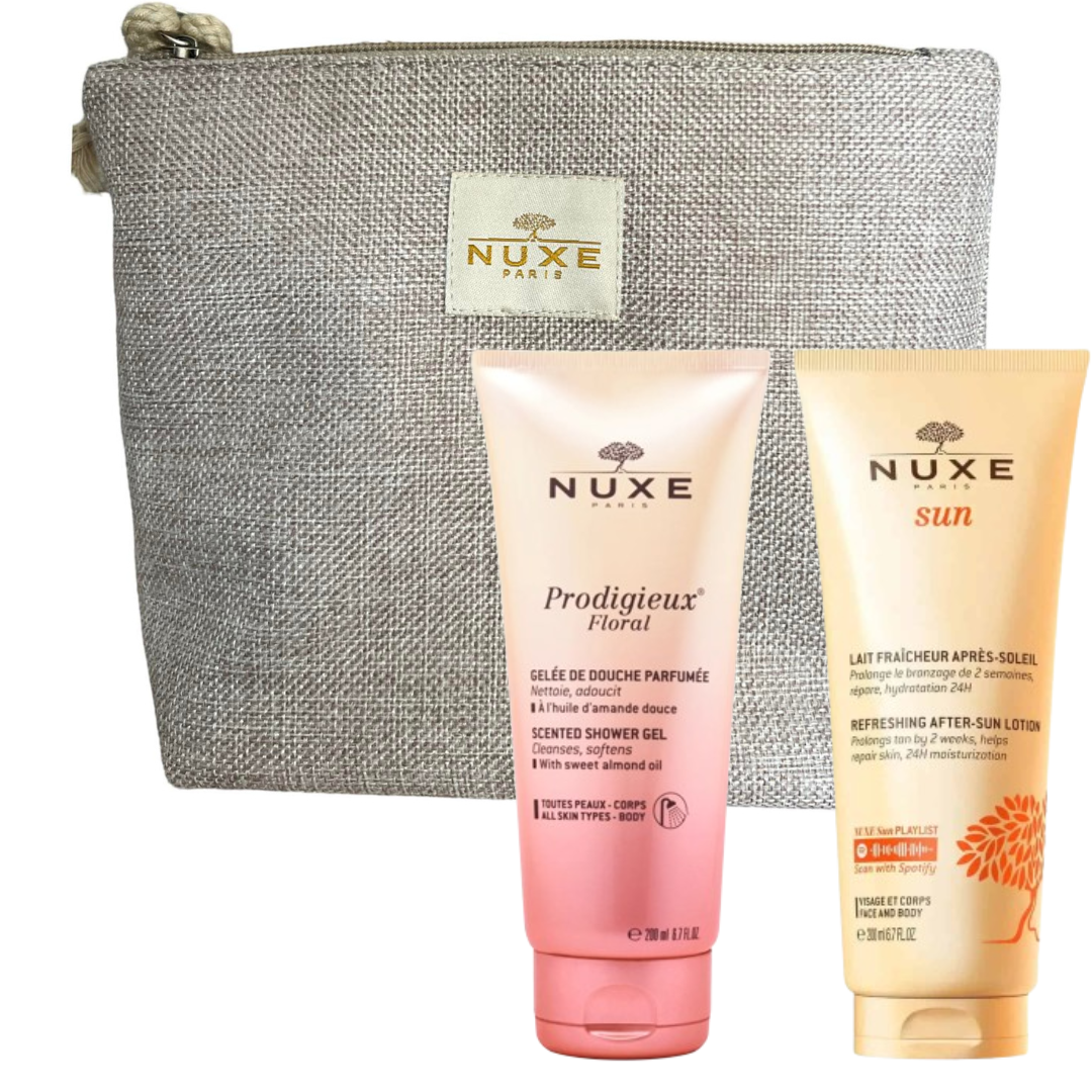 trousse-nuxe-lait- fraicheur-après-soleil- et-prodigieux-floral- gelée-de-douche parfumée