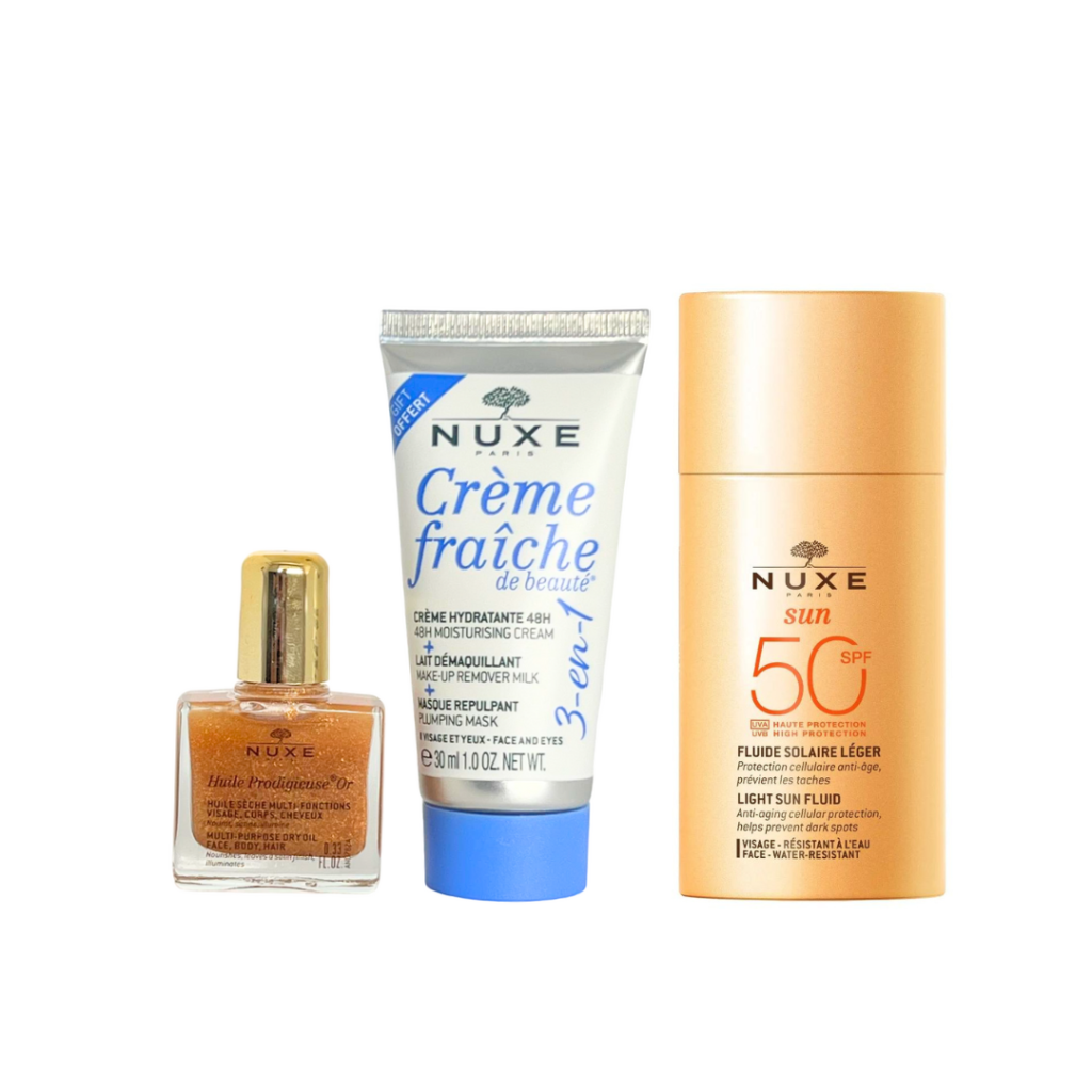 nuxe-sun-ecran-fluide-léger-crème-hydratante-48h-hyile-produigieux-or-offerte